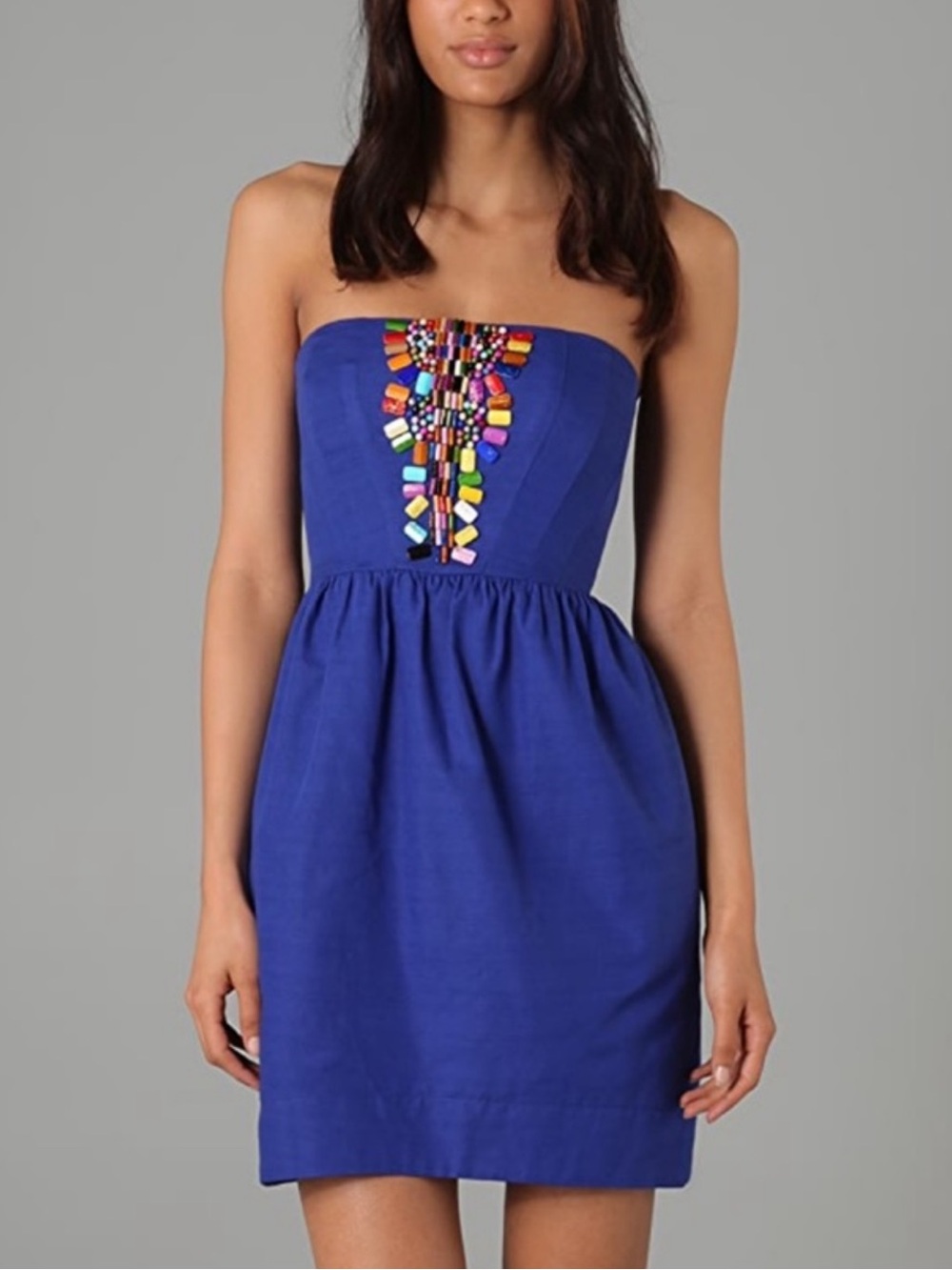 Shoshanna Strapless Beaded Fitted Bodice Flare  Front Pocket Dress - Blue - Sz 4